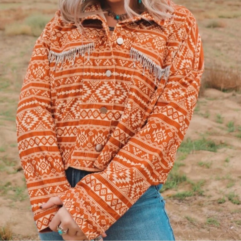 Savannah Jane  Orange and Cream Aztec Patterned  Bling Jean Jacket